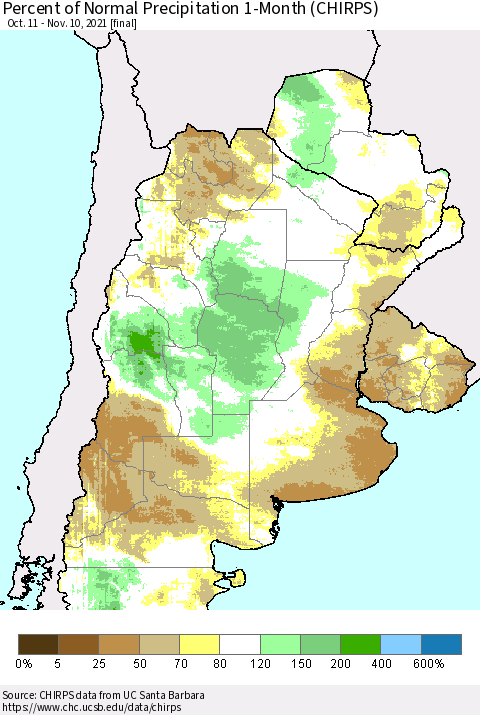 Southern South America Percent of Normal Precipitation 1-Month (CHIRPS) Thematic Map For 10/11/2021 - 11/10/2021