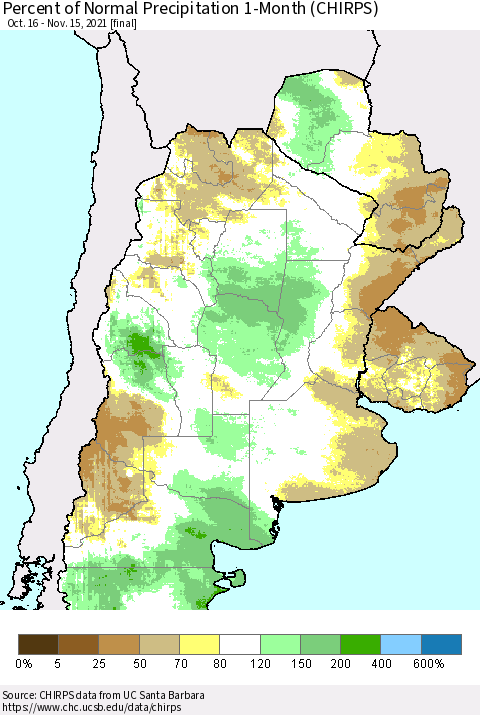 Southern South America Percent of Normal Precipitation 1-Month (CHIRPS) Thematic Map For 10/16/2021 - 11/15/2021