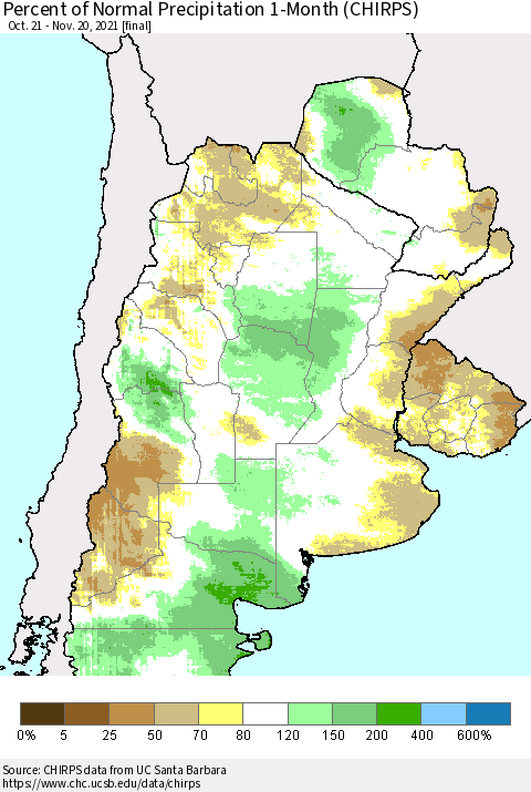 Southern South America Percent of Normal Precipitation 1-Month (CHIRPS) Thematic Map For 10/21/2021 - 11/20/2021