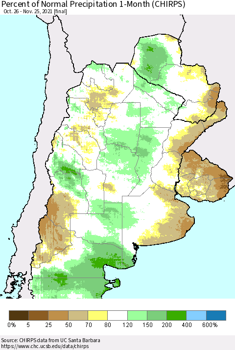 Southern South America Percent of Normal Precipitation 1-Month (CHIRPS) Thematic Map For 10/26/2021 - 11/25/2021