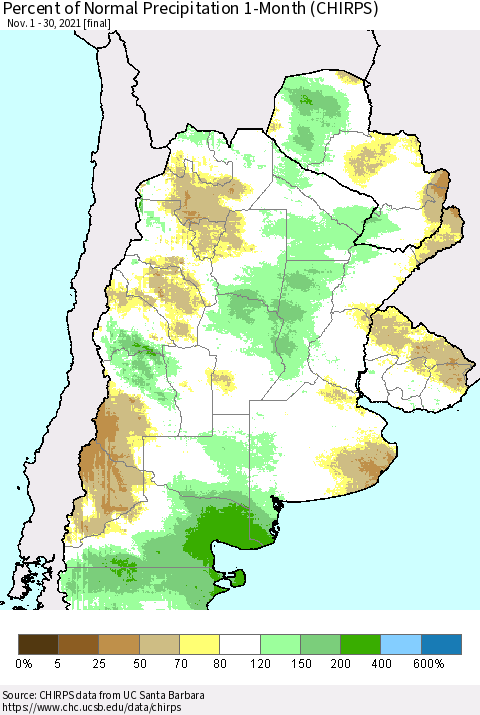 Southern South America Percent of Normal Precipitation 1-Month (CHIRPS) Thematic Map For 11/1/2021 - 11/30/2021