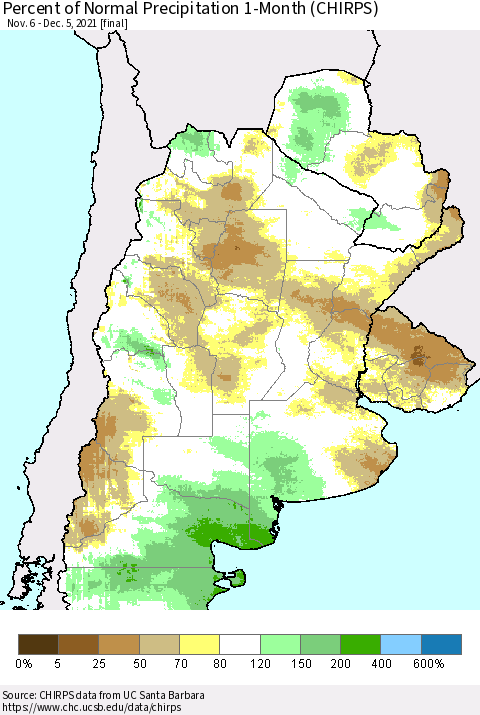 Southern South America Percent of Normal Precipitation 1-Month (CHIRPS) Thematic Map For 11/6/2021 - 12/5/2021