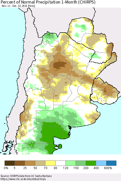 Southern South America Percent of Normal Precipitation 1-Month (CHIRPS) Thematic Map For 11/11/2021 - 12/10/2021