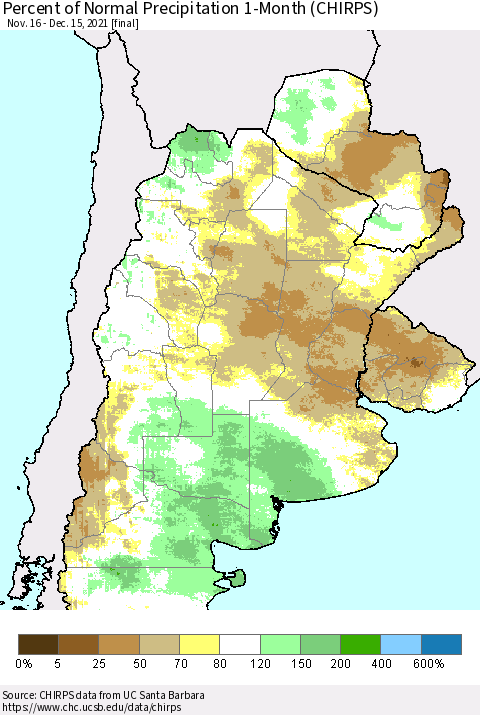 Southern South America Percent of Normal Precipitation 1-Month (CHIRPS) Thematic Map For 11/16/2021 - 12/15/2021