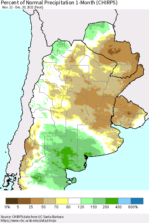 Southern South America Percent of Normal Precipitation 1-Month (CHIRPS) Thematic Map For 11/21/2021 - 12/20/2021