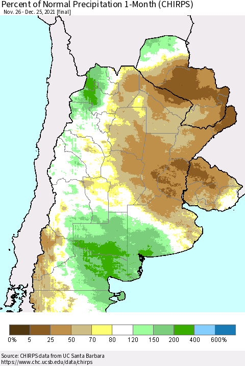 Southern South America Percent of Normal Precipitation 1-Month (CHIRPS) Thematic Map For 11/26/2021 - 12/25/2021