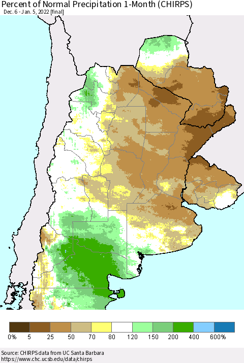 Southern South America Percent of Normal Precipitation 1-Month (CHIRPS) Thematic Map For 12/6/2021 - 1/5/2022