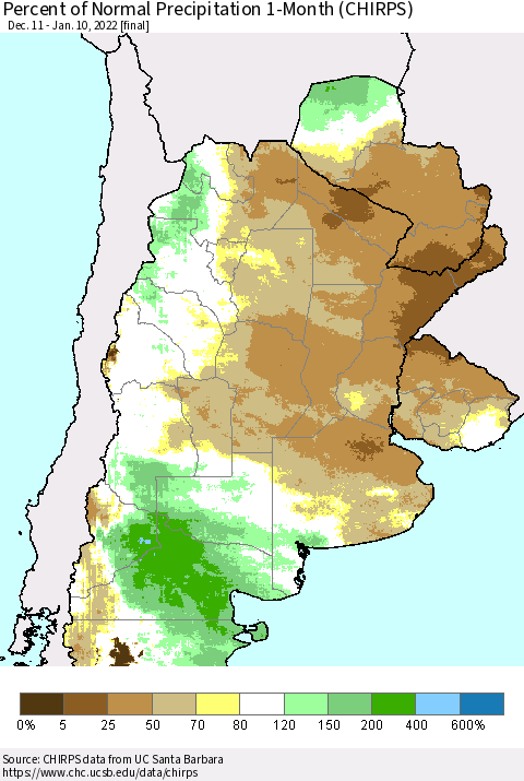 Southern South America Percent of Normal Precipitation 1-Month (CHIRPS) Thematic Map For 12/11/2021 - 1/10/2022
