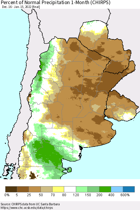 Southern South America Percent of Normal Precipitation 1-Month (CHIRPS) Thematic Map For 12/16/2021 - 1/15/2022