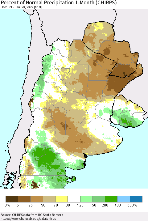 Southern South America Percent of Normal Precipitation 1-Month (CHIRPS) Thematic Map For 12/21/2021 - 1/20/2022