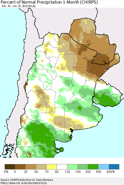 Southern South America Percent of Normal Precipitation 1-Month (CHIRPS) Thematic Map For 12/26/2021 - 1/25/2022