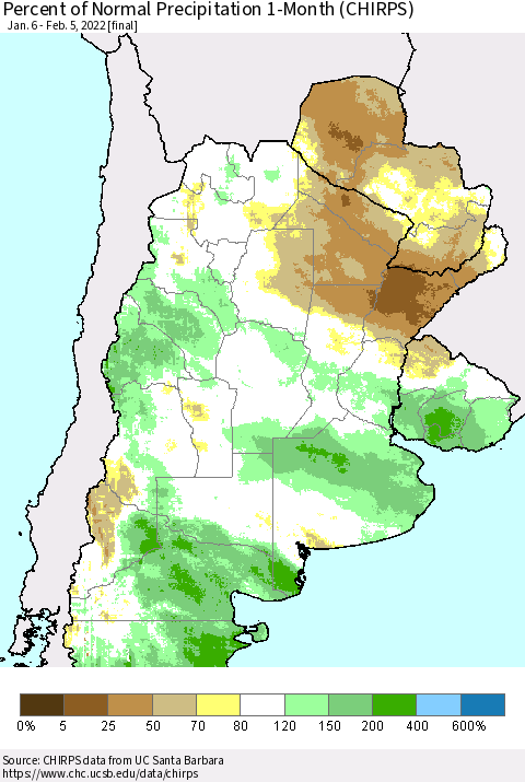 Southern South America Percent of Normal Precipitation 1-Month (CHIRPS) Thematic Map For 1/6/2022 - 2/5/2022