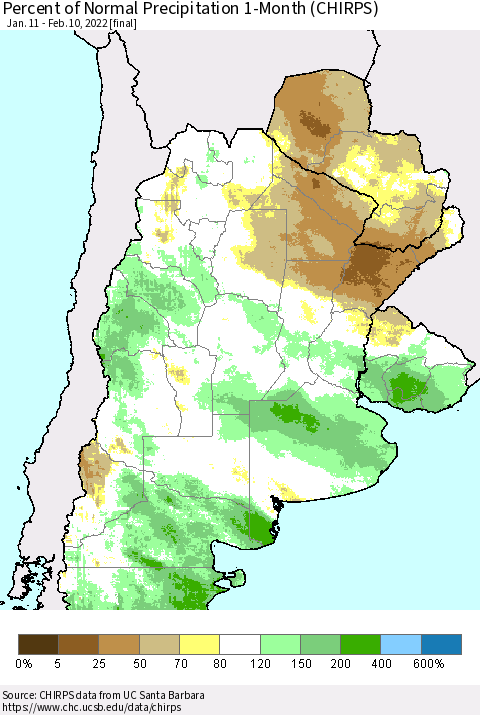 Southern South America Percent of Normal Precipitation 1-Month (CHIRPS) Thematic Map For 1/11/2022 - 2/10/2022