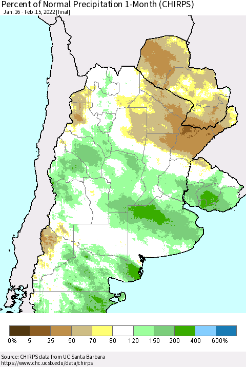 Southern South America Percent of Normal Precipitation 1-Month (CHIRPS) Thematic Map For 1/16/2022 - 2/15/2022