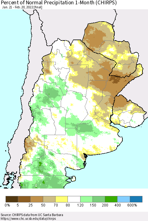 Southern South America Percent of Normal Precipitation 1-Month (CHIRPS) Thematic Map For 1/21/2022 - 2/20/2022