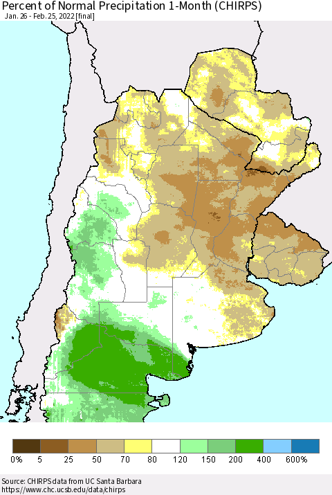 Southern South America Percent of Normal Precipitation 1-Month (CHIRPS) Thematic Map For 1/26/2022 - 2/25/2022