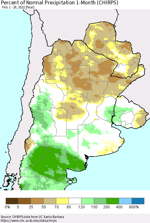 Southern South America Percent of Normal Precipitation 1-Month (CHIRPS) Thematic Map For 2/1/2022 - 2/28/2022