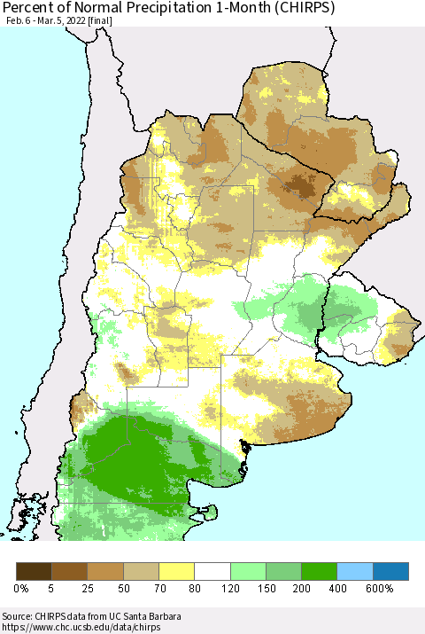 Southern South America Percent of Normal Precipitation 1-Month (CHIRPS) Thematic Map For 2/6/2022 - 3/5/2022