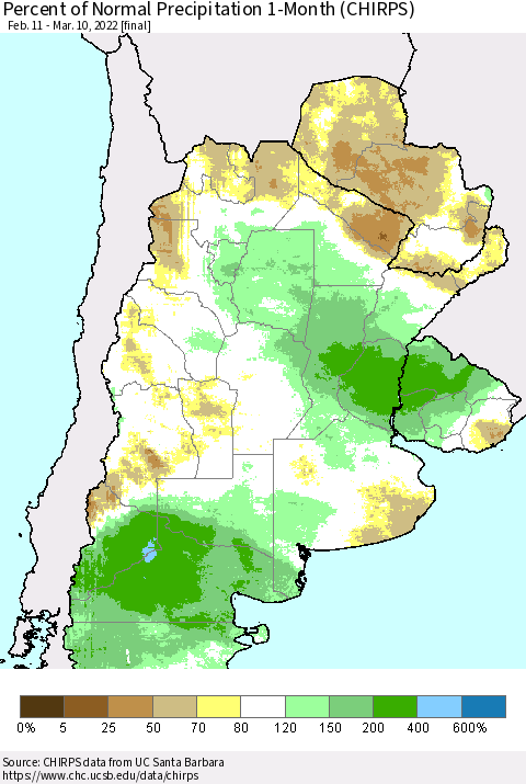 Southern South America Percent of Normal Precipitation 1-Month (CHIRPS) Thematic Map For 2/11/2022 - 3/10/2022