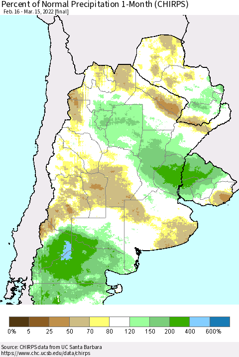 Southern South America Percent of Normal Precipitation 1-Month (CHIRPS) Thematic Map For 2/16/2022 - 3/15/2022
