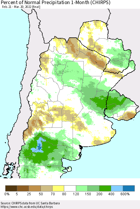 Southern South America Percent of Normal Precipitation 1-Month (CHIRPS) Thematic Map For 2/21/2022 - 3/20/2022