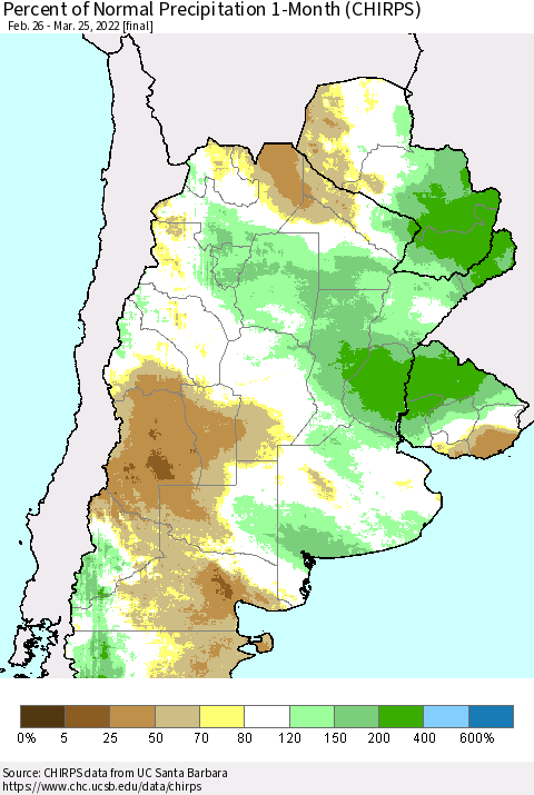 Southern South America Percent of Normal Precipitation 1-Month (CHIRPS) Thematic Map For 2/26/2022 - 3/25/2022