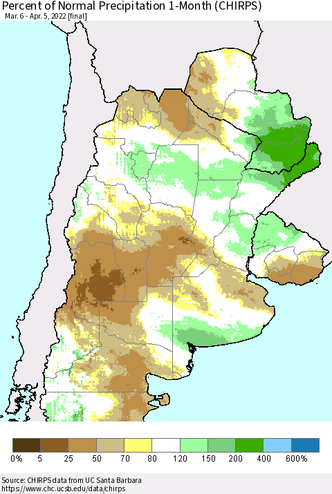Southern South America Percent of Normal Precipitation 1-Month (CHIRPS) Thematic Map For 3/6/2022 - 4/5/2022