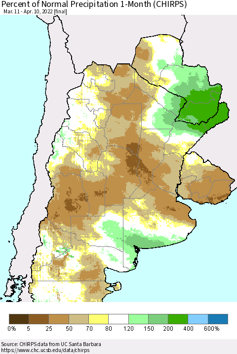 Southern South America Percent of Normal Precipitation 1-Month (CHIRPS) Thematic Map For 3/11/2022 - 4/10/2022