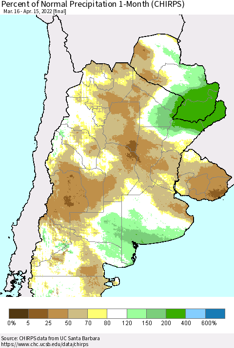 Southern South America Percent of Normal Precipitation 1-Month (CHIRPS) Thematic Map For 3/16/2022 - 4/15/2022
