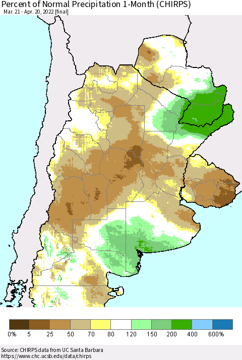 Southern South America Percent of Normal Precipitation 1-Month (CHIRPS) Thematic Map For 3/21/2022 - 4/20/2022