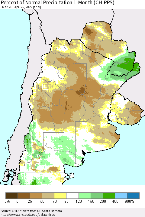 Southern South America Percent of Normal Precipitation 1-Month (CHIRPS) Thematic Map For 3/26/2022 - 4/25/2022