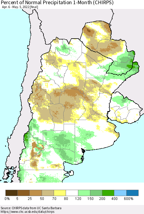 Southern South America Percent of Normal Precipitation 1-Month (CHIRPS) Thematic Map For 4/6/2022 - 5/5/2022