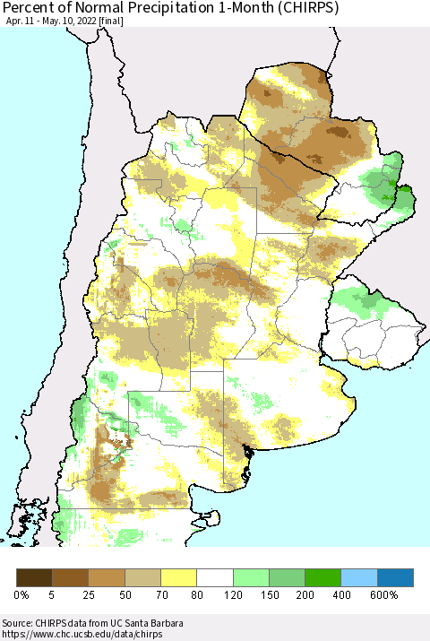 Southern South America Percent of Normal Precipitation 1-Month (CHIRPS) Thematic Map For 4/11/2022 - 5/10/2022