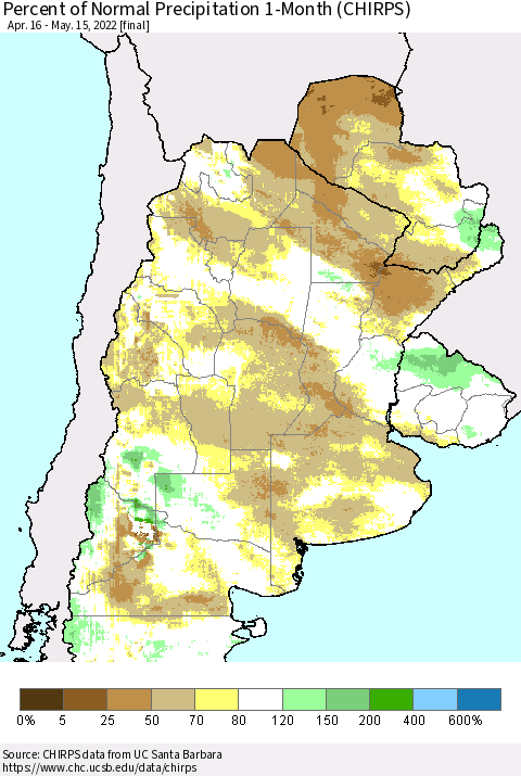 Southern South America Percent of Normal Precipitation 1-Month (CHIRPS) Thematic Map For 4/16/2022 - 5/15/2022