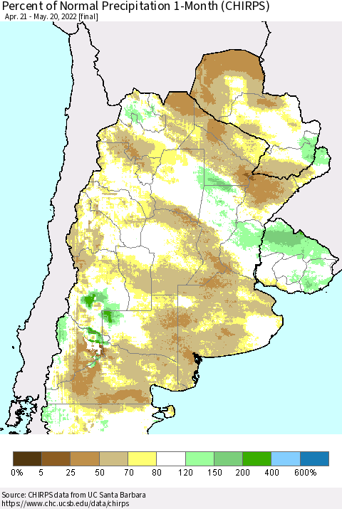 Southern South America Percent of Normal Precipitation 1-Month (CHIRPS) Thematic Map For 4/21/2022 - 5/20/2022