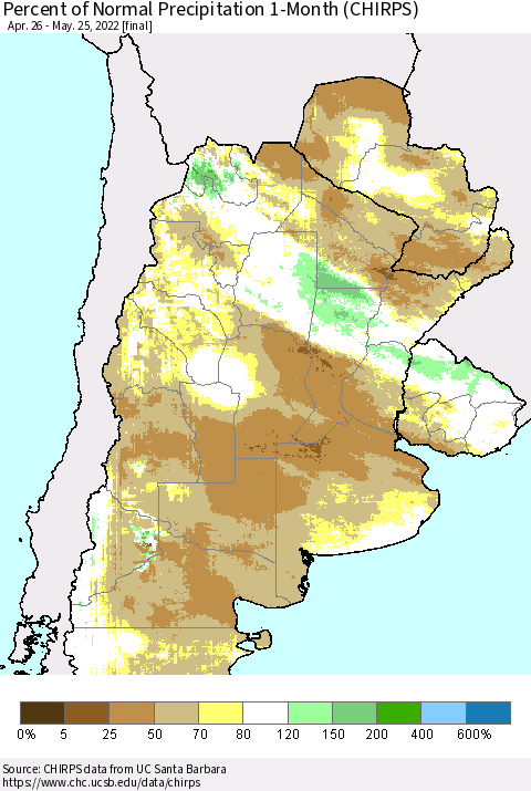 Southern South America Percent of Normal Precipitation 1-Month (CHIRPS) Thematic Map For 4/26/2022 - 5/25/2022