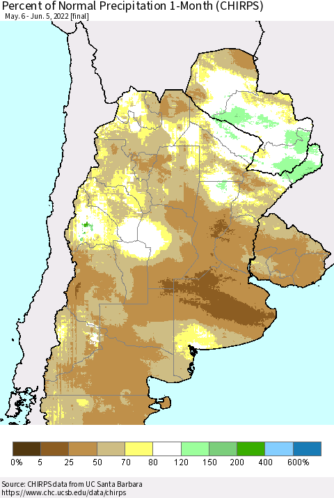Southern South America Percent of Normal Precipitation 1-Month (CHIRPS) Thematic Map For 5/6/2022 - 6/5/2022