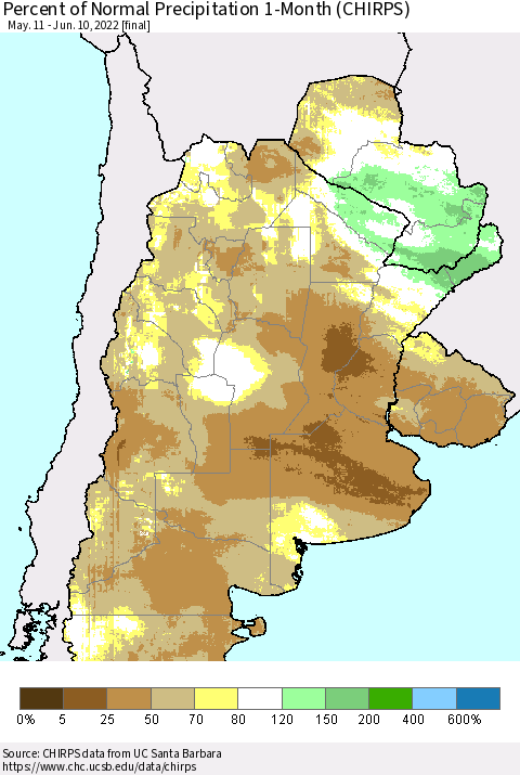 Southern South America Percent of Normal Precipitation 1-Month (CHIRPS) Thematic Map For 5/11/2022 - 6/10/2022