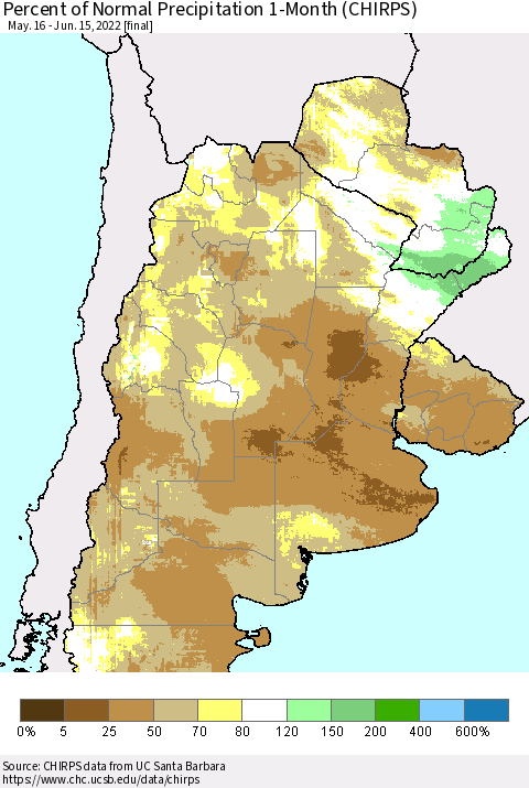 Southern South America Percent of Normal Precipitation 1-Month (CHIRPS) Thematic Map For 5/16/2022 - 6/15/2022