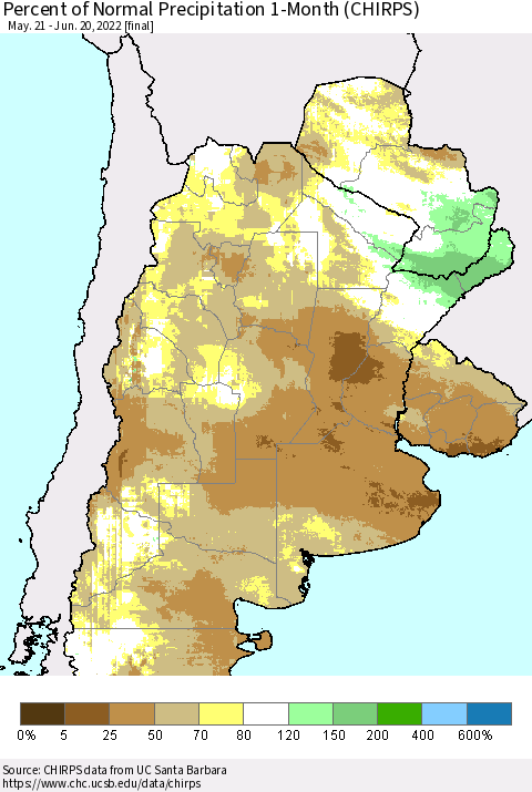 Southern South America Percent of Normal Precipitation 1-Month (CHIRPS) Thematic Map For 5/21/2022 - 6/20/2022