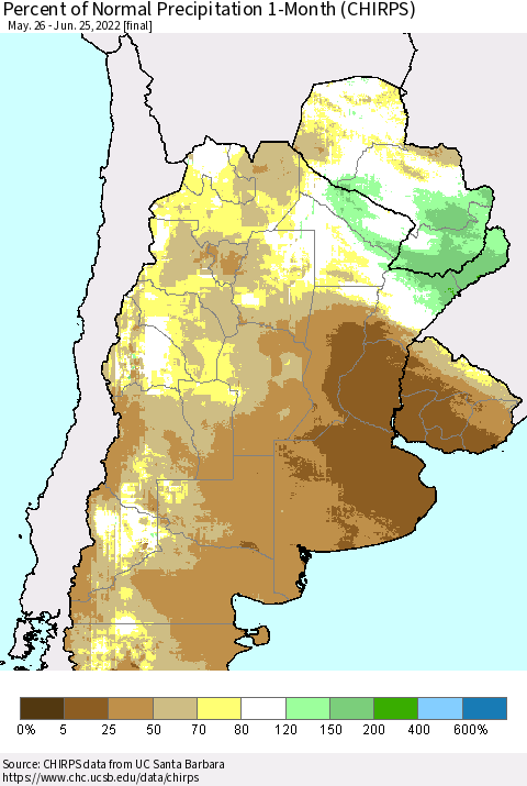 Southern South America Percent of Normal Precipitation 1-Month (CHIRPS) Thematic Map For 5/26/2022 - 6/25/2022