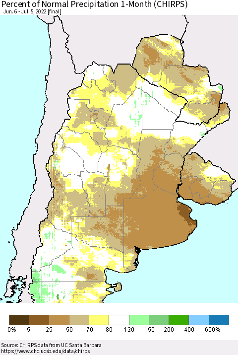 Southern South America Percent of Normal Precipitation 1-Month (CHIRPS) Thematic Map For 6/6/2022 - 7/5/2022