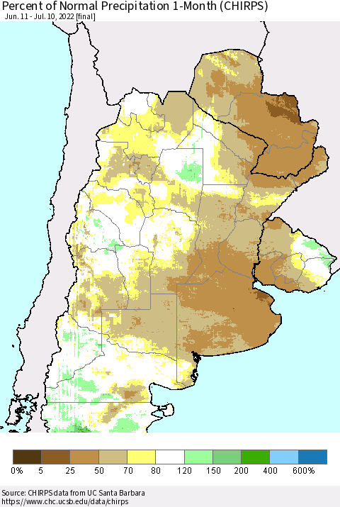 Southern South America Percent of Normal Precipitation 1-Month (CHIRPS) Thematic Map For 6/11/2022 - 7/10/2022