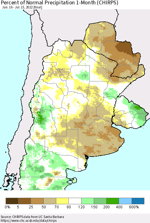 Southern South America Percent of Normal Precipitation 1-Month (CHIRPS) Thematic Map For 6/16/2022 - 7/15/2022