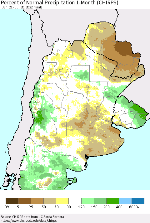 Southern South America Percent of Normal Precipitation 1-Month (CHIRPS) Thematic Map For 6/21/2022 - 7/20/2022