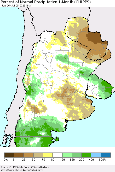 Southern South America Percent of Normal Precipitation 1-Month (CHIRPS) Thematic Map For 6/26/2022 - 7/25/2022