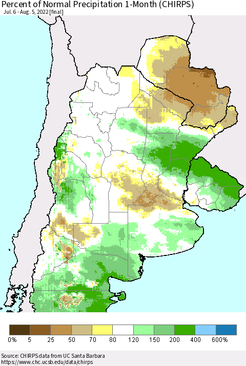 Southern South America Percent of Normal Precipitation 1-Month (CHIRPS) Thematic Map For 7/6/2022 - 8/5/2022