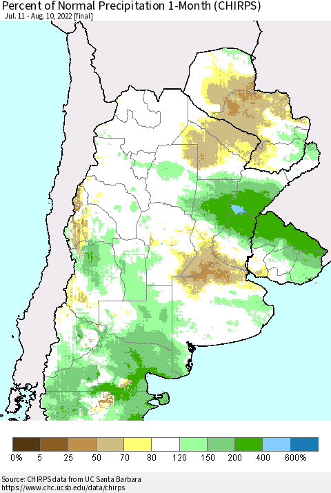 Southern South America Percent of Normal Precipitation 1-Month (CHIRPS) Thematic Map For 7/11/2022 - 8/10/2022