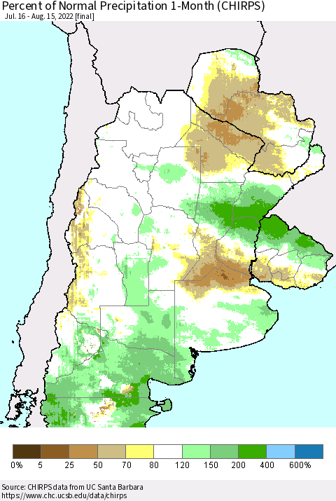 Southern South America Percent of Normal Precipitation 1-Month (CHIRPS) Thematic Map For 7/16/2022 - 8/15/2022