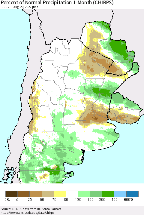 Southern South America Percent of Normal Precipitation 1-Month (CHIRPS) Thematic Map For 7/21/2022 - 8/20/2022